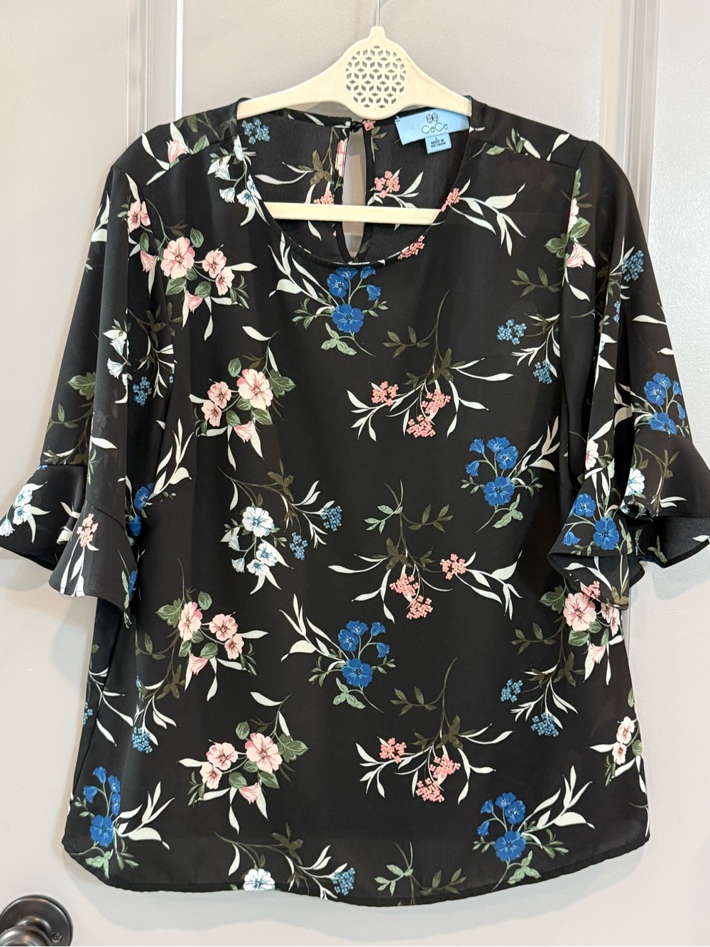 CeCe Black Floral Ruffle-Sleeve Blouse with Blue & Pink Flowers